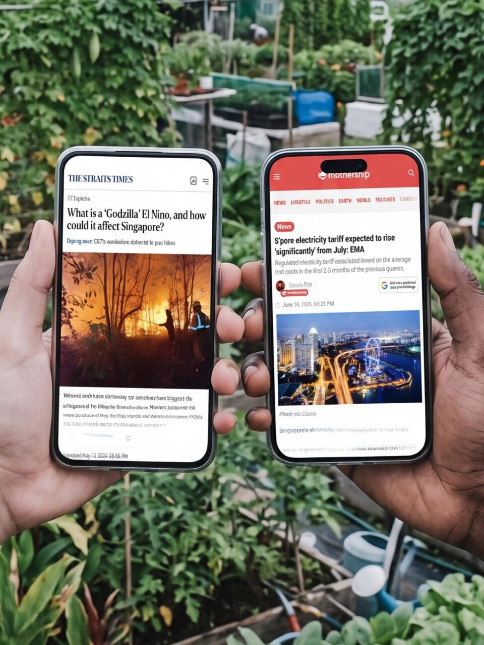Singapore Climate and Electricity Tariff News Articles Two smartphones displaying news articles from The Straits Times about the Godzilla El Niño effect and Mothership about rising Singapore electricity tariffs.