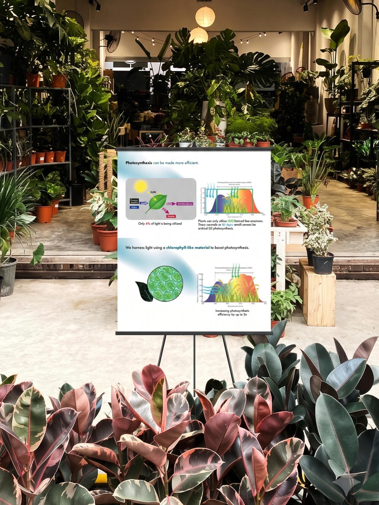 Qarbotech Photosynthesis Efficiency Diagram Infographic displayed on an easel in a nursery showing how Qarbotech technology harnesses light with a chlorophyll-like material to shift underutilised light and increase natural photosynthetic efficiency.